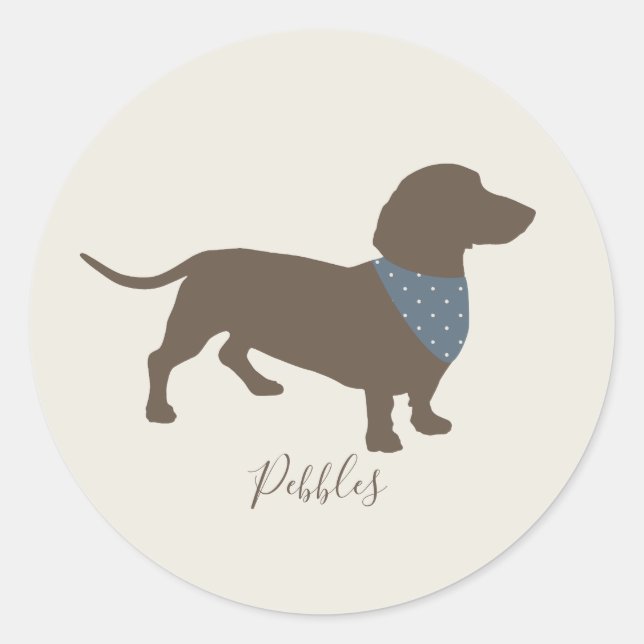 Sticker Rond Silhouette minimaliste Dachshund avec le nom du ch (Devant)