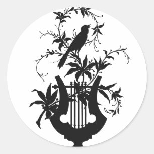 Sticker Rond Silhouette Oiseau & Lyre Vintage Botanique Music