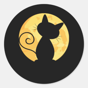 Sticker Rond Silhouette Pleine lune Cat Cute Halloween Funny
