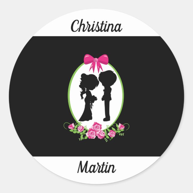 Sticker Rond Silhouettes de mariée et de chambre avec des noms (Devant)
