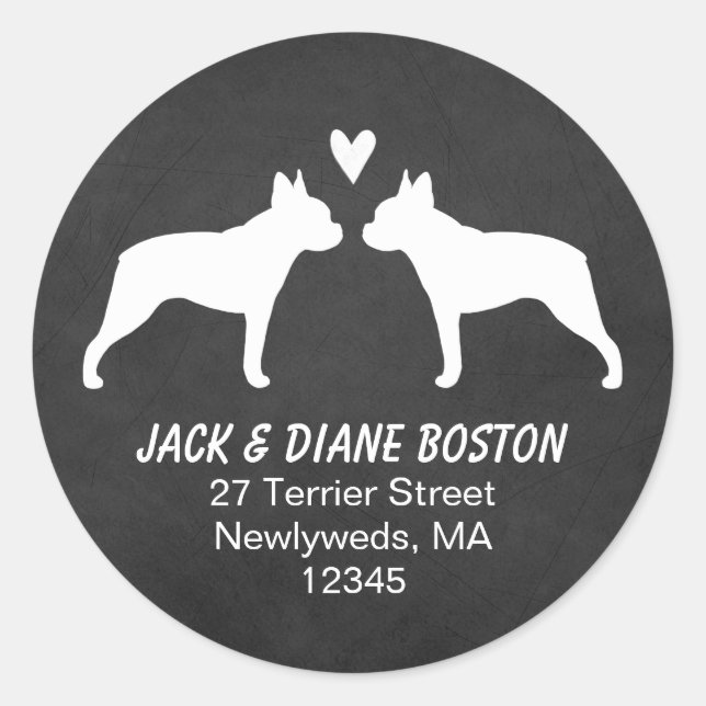 Sticker Rond Silhouettes de Terrier de Boston Adresse de l'expé (Devant)