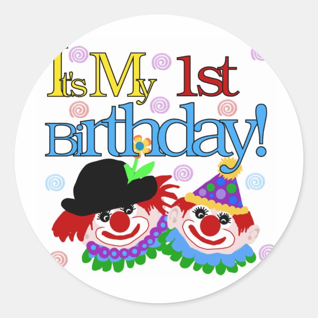 Sticker Rond Silly Clowns 1st Birthday Tshirts et cadeaux (Devant)