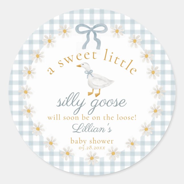 Sticker Rond Silly Goose Flower Bow Baby Shower Blue Gingham  (Devant)