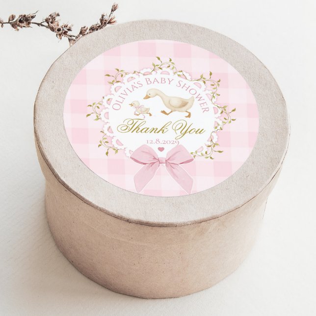 Sticker Rond Silly Goose Pink Gingham Bow Baby Shower Thank you (Créateur téléchargé)