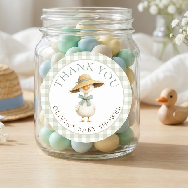 Sticker Rond Silly Goose Sage Gingham Thank You Baby Shower  (Créateur téléchargé)