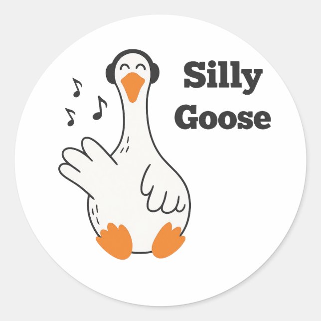 Sticker Rond Silly Goose Wearing Headphones – Cute Funny Goose (Devant)