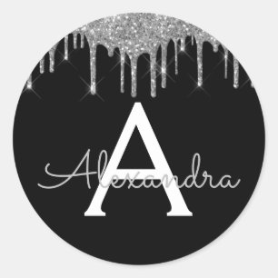 Sticker Rond Silver Black Parties scintillant de luxe Glam Nom