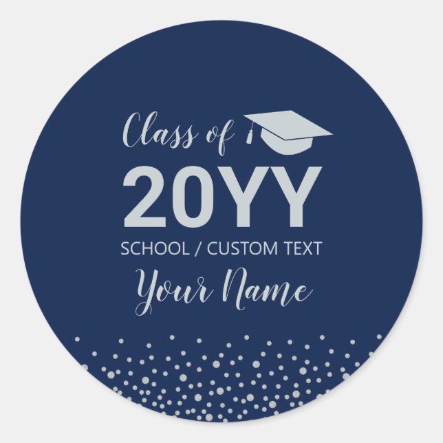 Sticker Rond Silver & Blue Confetti 2023 Graduation Party Favor (Devant)