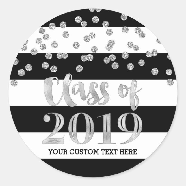 Sticker Rond Silver Confetti Black Stripes 2019 Graduation (Devant)