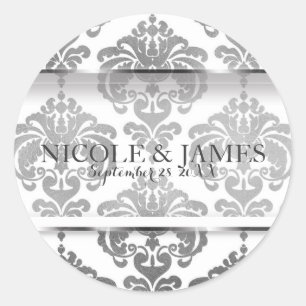 Sticker Rond Silver Damask Vintage Glam Mariage Événement Favor