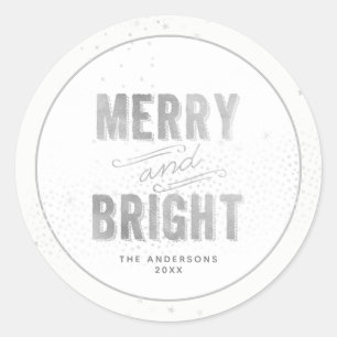 Sticker Rond Silver et blanc Flocon de neige Joyeux et brillant