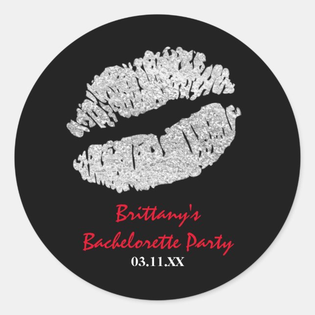 Sticker Rond Silver Faux Lèvres Étincelantes Kiss Party Favoris (Devant)