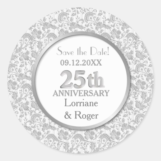 Sticker Rond Silver Floral Elegance 25e anniversaire Mariage (Devant)