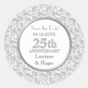 Sticker Rond Silver Floral Elegance 25e anniversaire Mariage