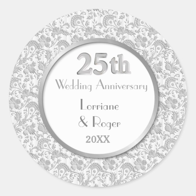 Sticker Rond Silver Floral Elegance 25e anniversaire Mariage (Devant)