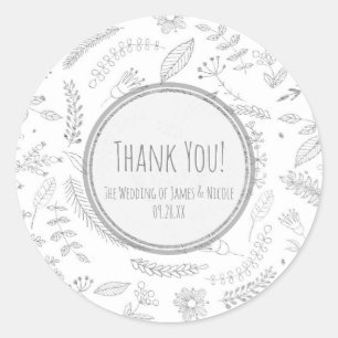 Sticker Rond Silver Floral Feuille Rustique Elégant Mariage Fav