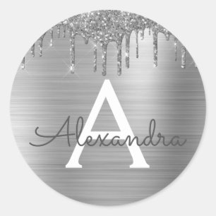 Sticker Rond Silver Glitter Brushed metal Monogram