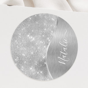 Sticker Rond Silver Glitter Glam Bling Personalized
