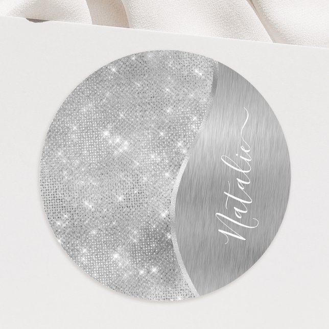 Sticker Rond Silver Glitter Glam Bling Personalized (Créateur téléchargé)