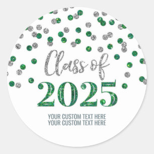 Sticker Rond Silver Green Confetti Graduation 2025