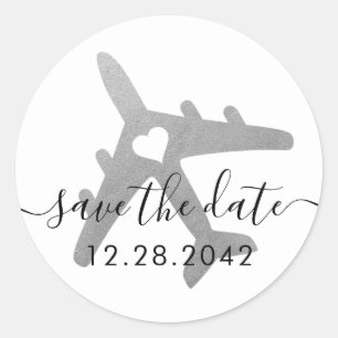 Sticker Rond Silver Grey AvionThème Voyage Enregistrer la date