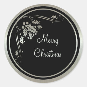 Sticker Rond Silver Holly et des perles sur Noir Christmas
