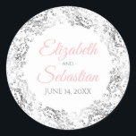 Sticker Rond Silver Lace & Pink Script Elegant White Wedding<br><div class="desc">These beautiful wedding stickers feature elegant Pink & Gray text on a white background with a silver faux foil floral lace border. The text is fully customizable and contains the wedding couple's names and wedding date. Great as favor tags or envelope seals.</div>