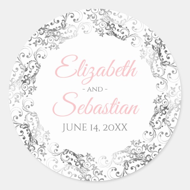 Sticker Rond Silver Lace & Pink Script Elegant White Wedding  (Devant)