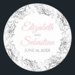 Sticker Rond Silver Lace & Pink Script Elegant White Wedding<br><div class="desc">These beautiful wedding stickers feature elegant Pink & Gray text on a white background with a silver faux foil floral lace border. The text is fully customizable and contains the wedding couple's names and wedding date. Great as favor tags or envelope seals.</div>