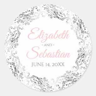 Sticker Rond Silver Lace & Pink Script Elegant White Wedding