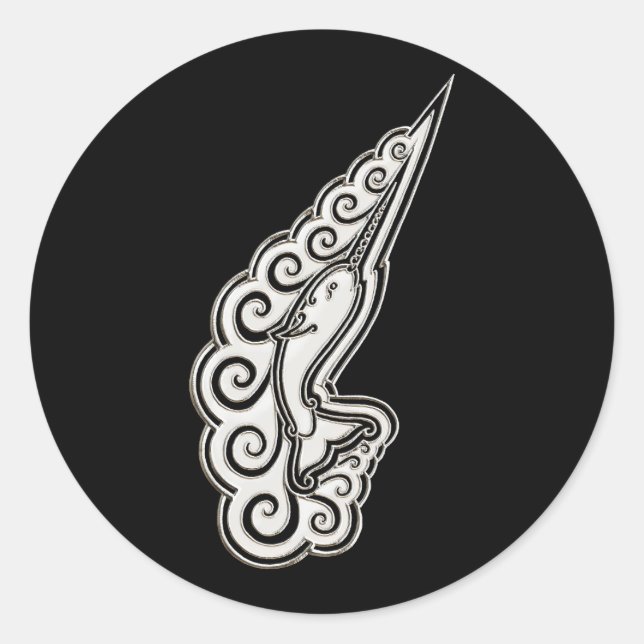 Sticker Rond Silver Narwhal Waves Celtic Style Art (Devant)