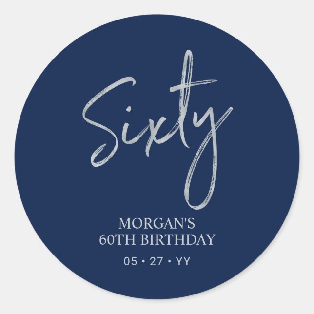 Sticker Rond Silver & Navy Bleu Soixante 60e anniversaire Fête  (Devant)