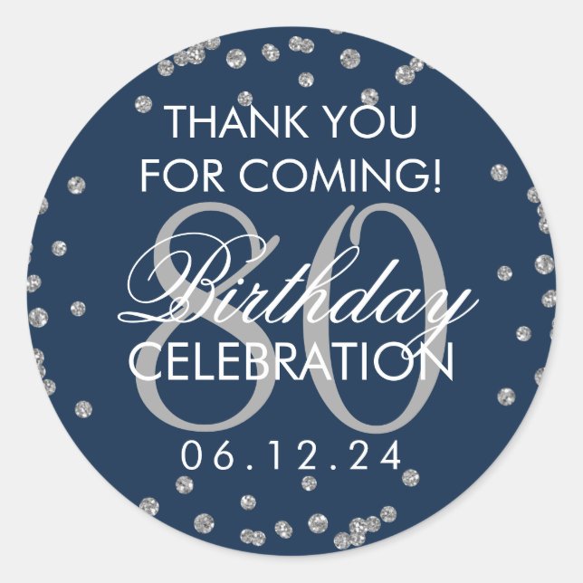 Sticker Rond Silver Navy Blue 80th Birthday Merci Parties scint (Devant)
