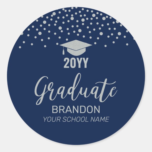 Sticker Rond Silver Navy Confetti 2022 Graduation Party Favor (Devant)