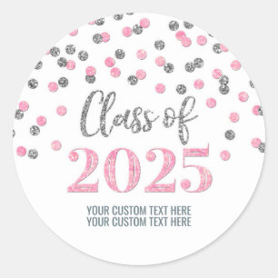Sticker Rond Silver Pink Confetti Graduation 2025