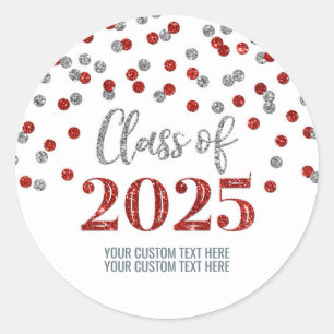 Sticker Rond Silver Red Confetti Graduation 2025
