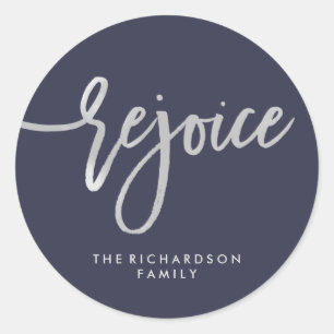 Sticker Rond Silver Rejoice   Script moderne sur Midnight Blue