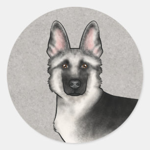 Sticker Rond Silver Sable Allemand Berger Dessin Tête de chien
