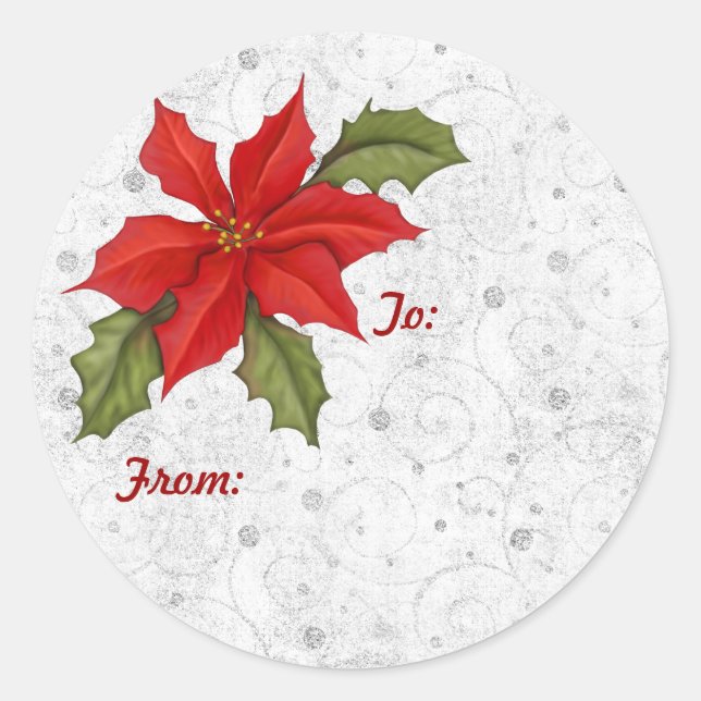 Sticker Rond Silver Swirl Poinsettia (Devant)
