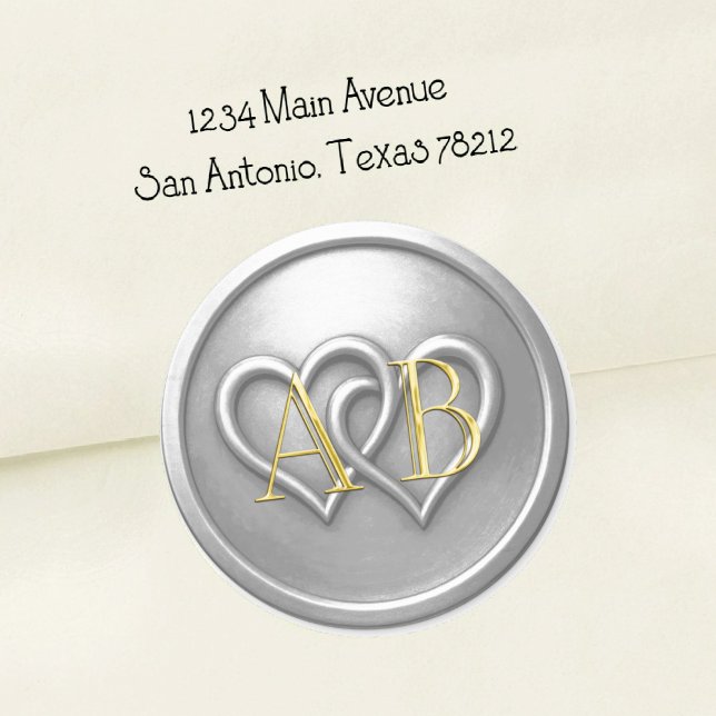 Sticker Rond Silver Two Hearts Intertwined Monogram Wedding (Créateur téléchargé)