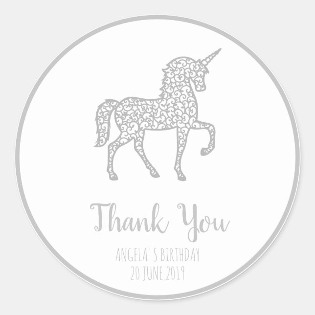 Sticker Rond Silver Unicorn anniversaire Merci Propre texte (Devant)