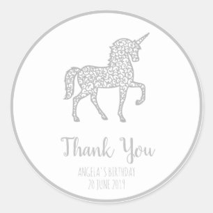 Sticker Rond Silver Unicorn anniversaire Merci Propre texte