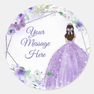 Sticker Rond Silver Violet Quinceañera Votre Message Ici