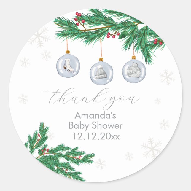 Sticker Rond Silver Winter Clothesline Ornaments Baby Shower  (Devant)