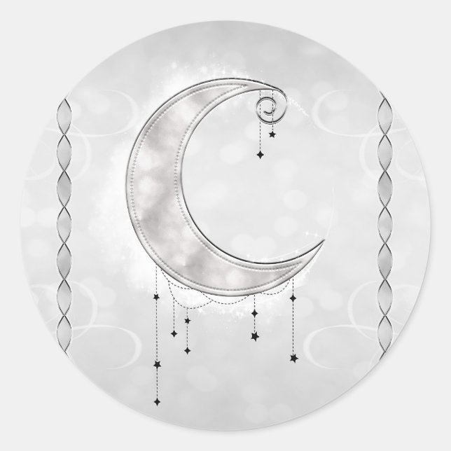 Sticker Rond Silvery White Crescent Moon Stars (Devant)