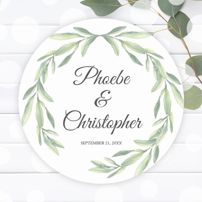 Sticker Rond Simple aquarelle Laurel Wreath Mariage de verdure (Simple Watercolor Laurel Wreath Greenery Wedding Classic Round Sticker)