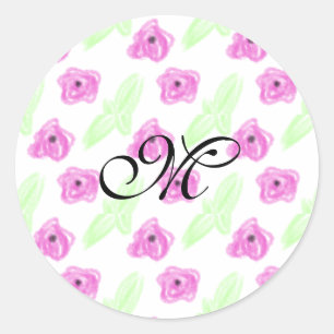 Sticker Rond Simple aquarelle rose fleurs vert feuille monogram