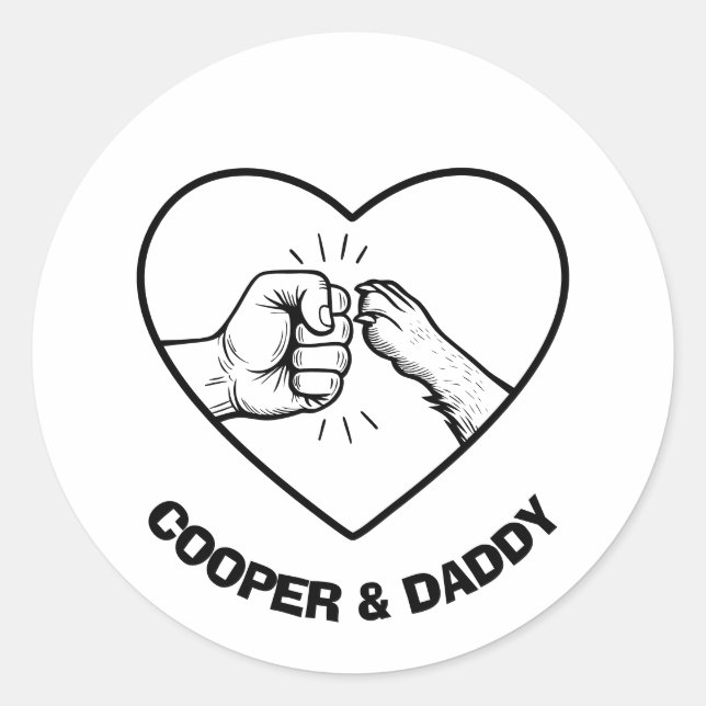 Sticker Rond Simple Black Outline Chien et Papa Fist Bump (Devant)