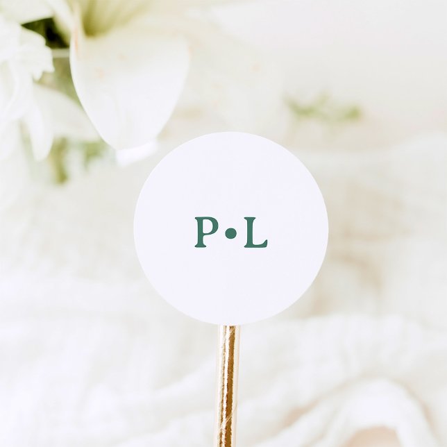 Sticker Rond Simple Blanc et Vert Sauge | Monogramme Élégant (Créateur téléchargé)