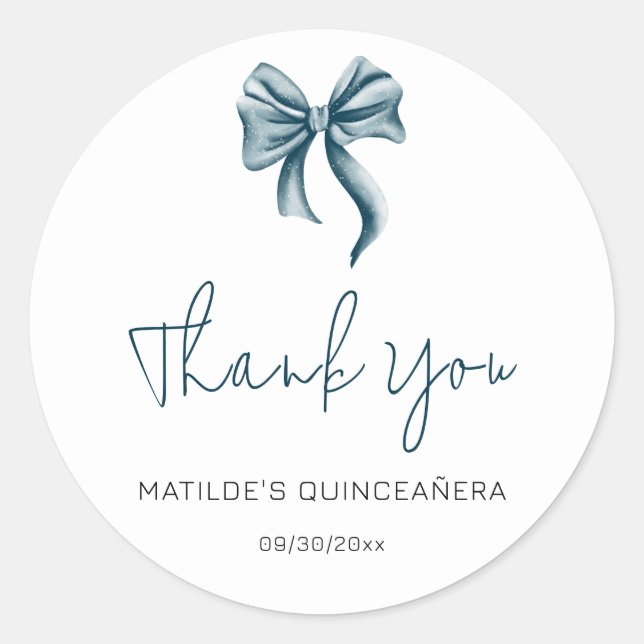 Sticker Rond Simple Bleu Script Quinceanera Merci (Devant)